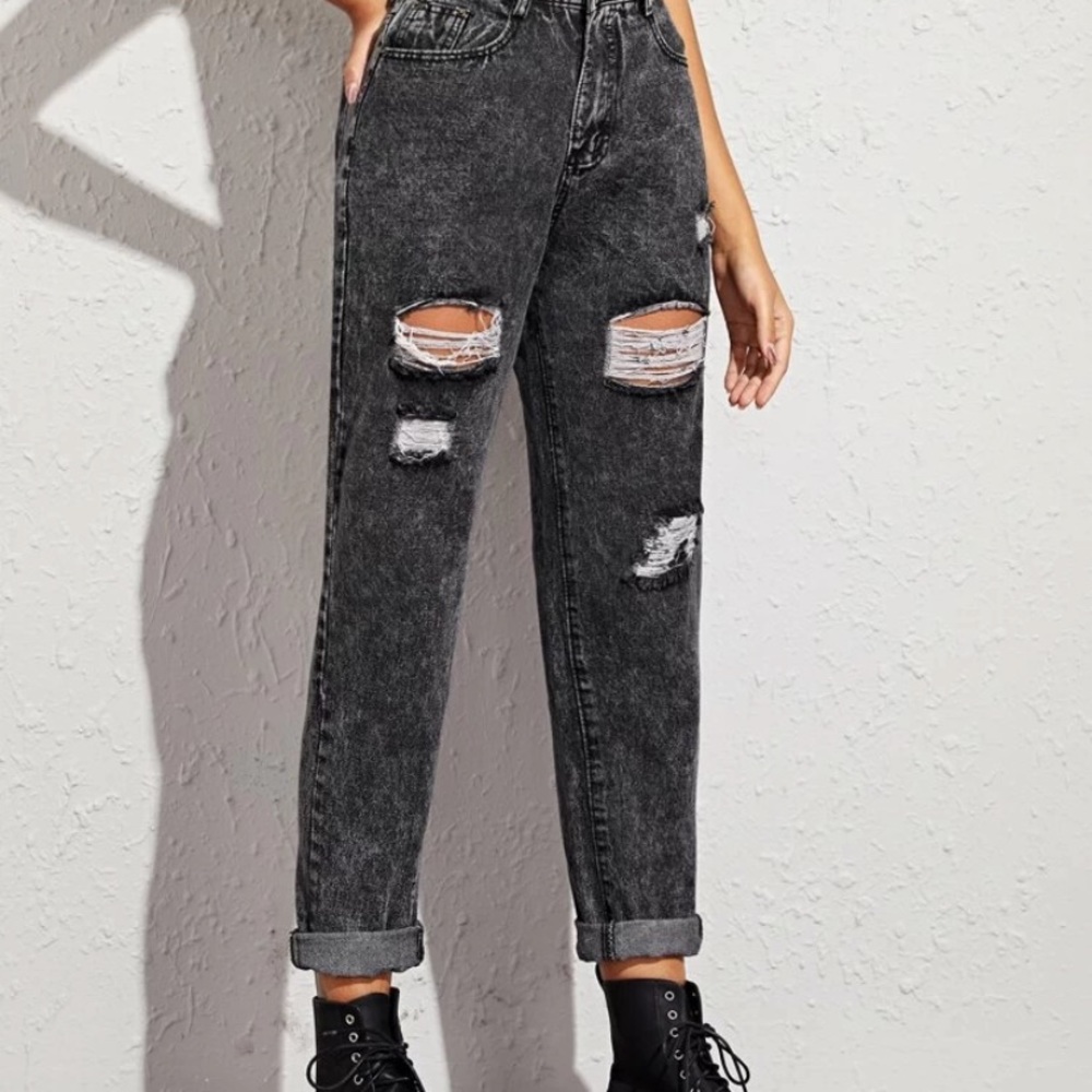 Dark wash high-rise ripped mom jeans